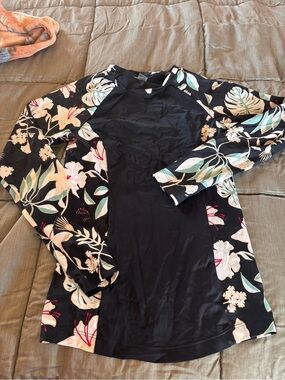 Roxy Black Rash Guard with Pink Floral Accents